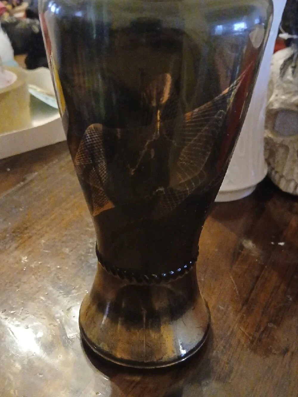 Vintage 1960s MCM Wheatonware Smoke Green Glass Gold Spirograph Line Art Vase
